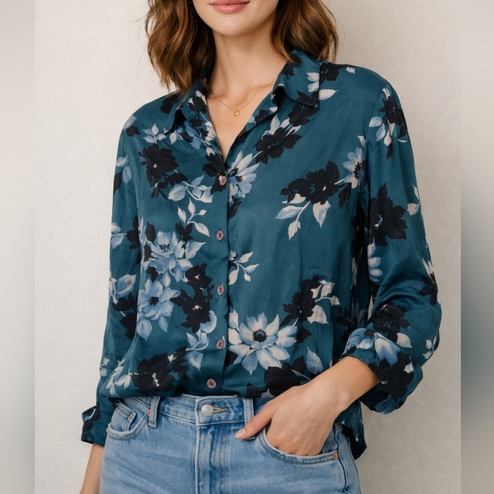 Silk‎ Floral Blouse Petite Sophisticate Womens 8 Teal Romantic Button Up